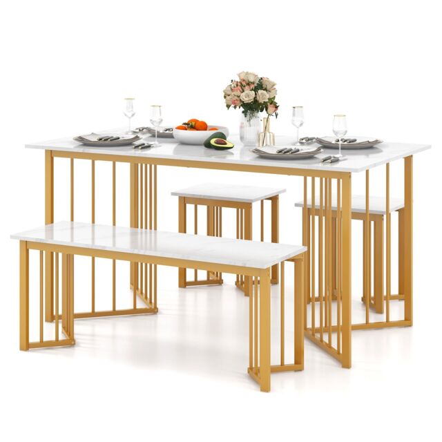 COSTWAY 4 Piece Dining Table Set Kitchen Table Bench & 2 Stools White 3