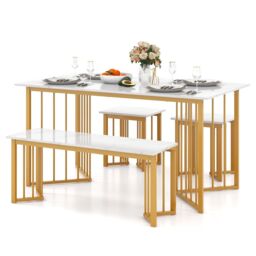 COSTWAY 4 Piece Dining Table Set Kitchen Table Bench & 2 Stools White 3