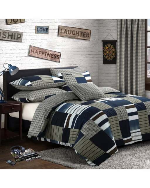 Velosso Denim Patchwork Printed Cotton Blend Blue Duvet Cover and Pillowcase Set Blue Single