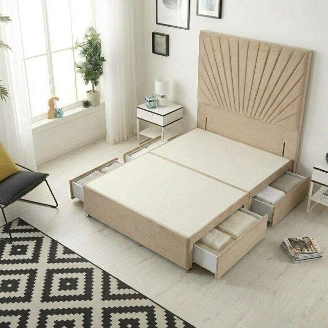 Sunburst Divan Bed with 4 Drawers & 54'' Floor Standing Headboard Plush Velvet Brown Beige