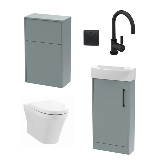 Cloakroom Suite - Left Hand 440mm Vanity, WC Unit, Toilet and Tap - Grey/Black Grey