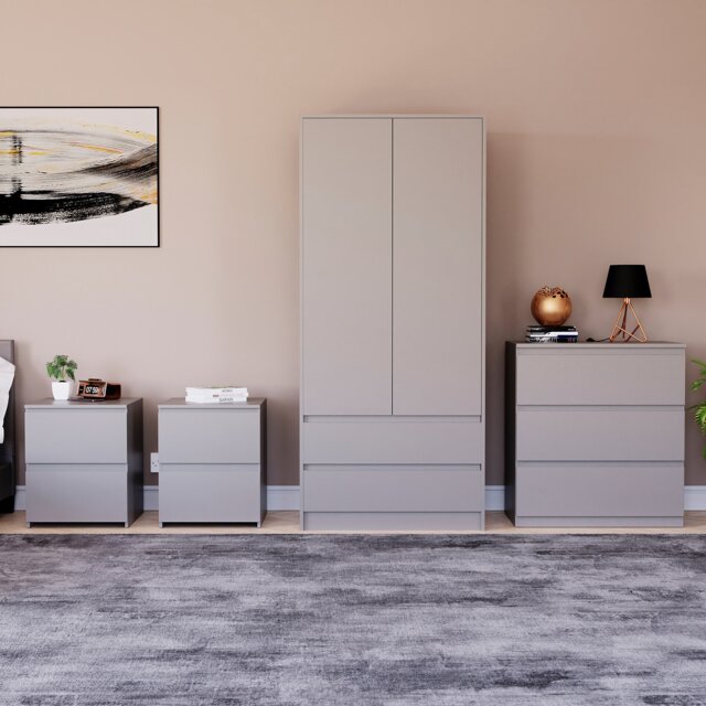 Vida Designs Denver 4 Piece Bedroom Set (2 Drawer Large Bedside Chest x2, 3 Drawer Chest, 2 Door 2 Drawer Wardrobe), Grey Grey Grey L 4