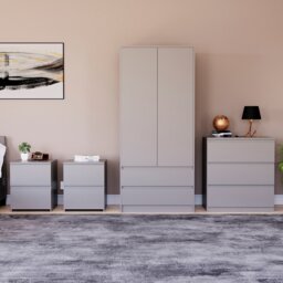 Vida Designs Denver 4 Piece Bedroom Set (2 Drawer Large Bedside Chest x2, 3 Drawer Chest, 2 Door 2 Drawer Wardrobe), Grey Grey Grey L 4