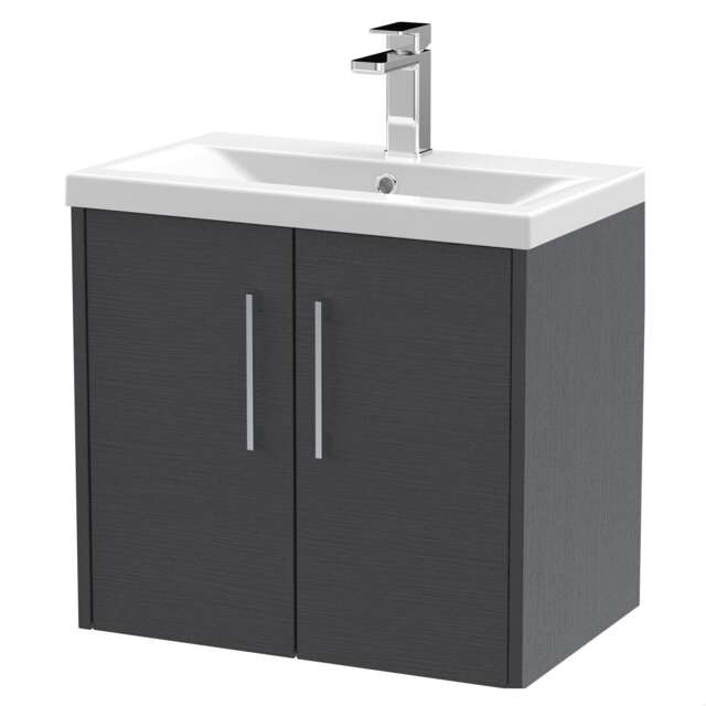 Balterley Winshill Contemporary 2 Door Wall Hung Vanity Unit with Mid-Edge Basin, Woodgrain Dark Grey, 600mm