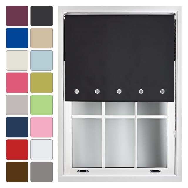 FURNISHED Blackout Roller Blinds with Round Eyelets Cut to Size Easy Fit Window Shade Black Black (W) 120cm x (L) 165cm