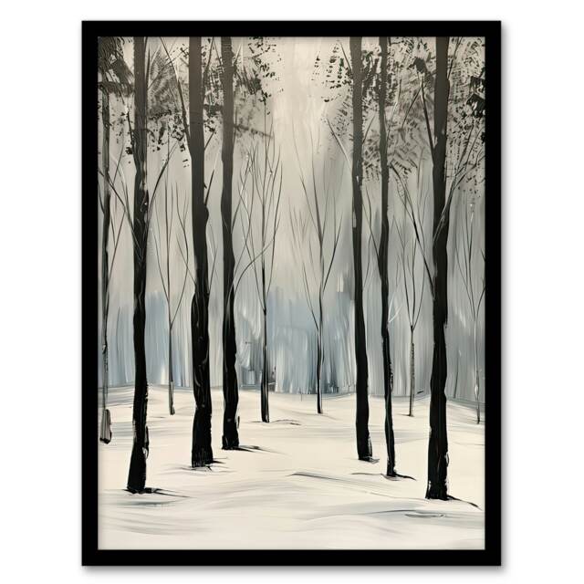White Winter Morning Forest Oil Serene Black Framed Wall Art Print A4