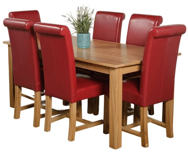 Oslo 180 x 90 cm Large Oak Dining Table and 6 Washington Leather Chairs Red Red