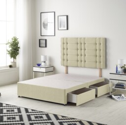 Astoria Divan Bed Base with 2 Drawers & 30 Inch Diamante Headboard in Linen Fabric Yellow Beige Single