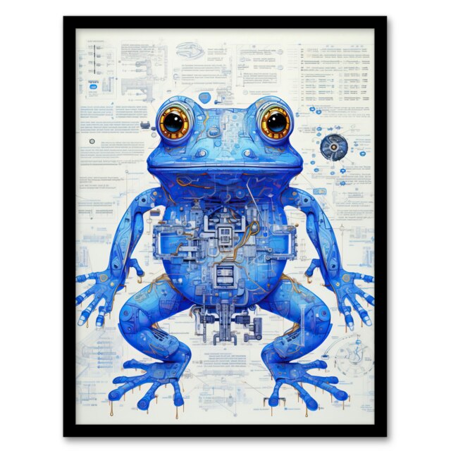 Robot Hybrid Frog Sci-Fi Blueprint Futuristic Secret Black Framed Wall Art Print A4