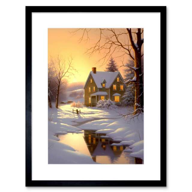 "Sunrise Winter Cottage Landscape Snowy Countryside 9x7"" Black Framed Wall Art Print"