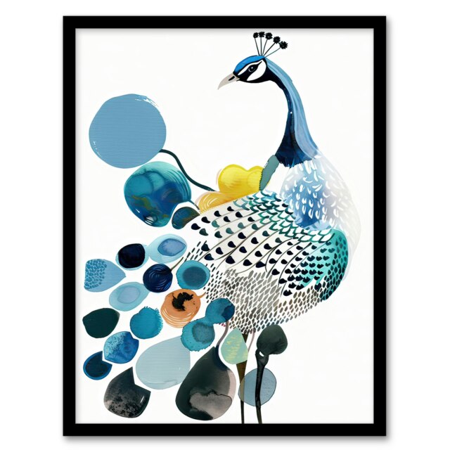 Abstract Pattern Peacock Bird Bright Watercolour Black Framed Wall Art Print A4