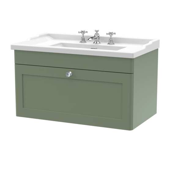 Balterley Swynnerton Traditional 1 Drawer Wall Hung Vanity Unit with Basin, Satin Green, 800mm