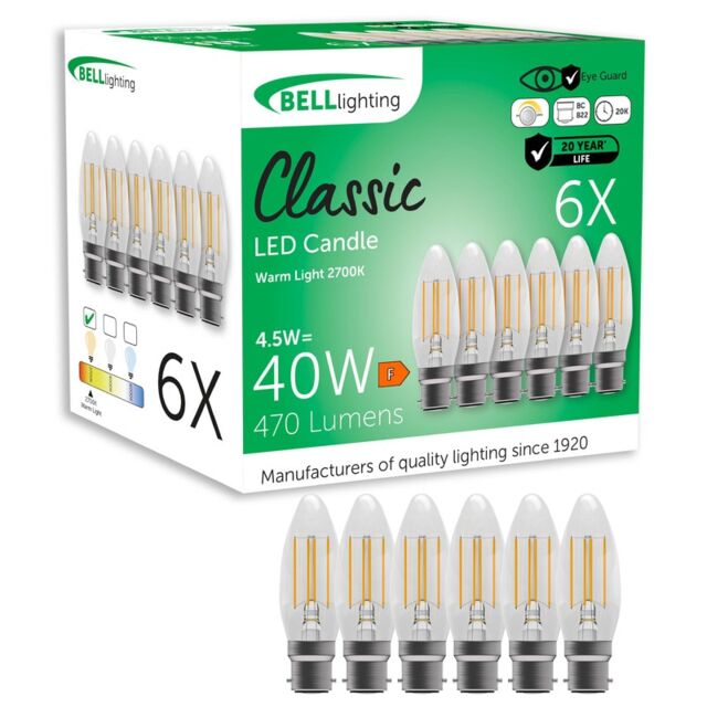 BELL Lighting B22 Bayonet Dimmable LED Filament Candle 4.5W Light Bulb White Warm White - 2700K 6