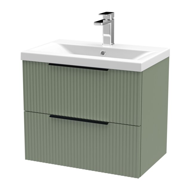 Balterley Fluted Front Wall Hung 2-Drawer Bathroom Vanity Unit with 1 Tap Hole Basin, Handles Green Satin Green