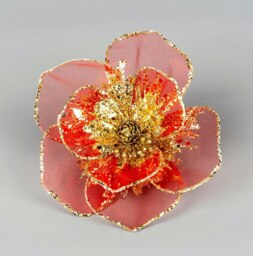 6Pcs -15cm Deluxe Christmas Glitter Poinsettia Red Gold Net Artificial Flowers with Metal Clips Christmas Tree Decorations