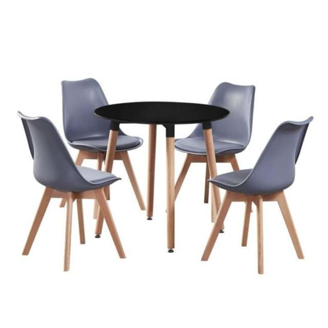 5PCs Dining Set - a Black Round Dining Table & Set of 4 White Lorenzo Tulip chairs with Padded Seat Grey