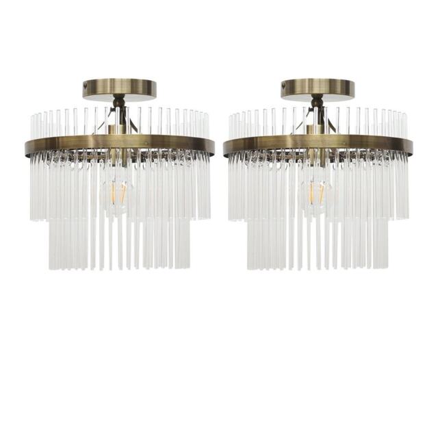 Set of 2 Georgia - Antique Brass with Glass Rods Flush Ceiling Lights