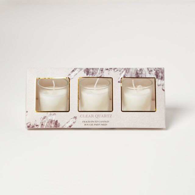 Homescapes Clear Quartz Fresh Linen Crystal Scented Candle Set – Pack of 3