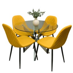 Round Glass Dining Table with 4 Mustard Faux Leather Chairs