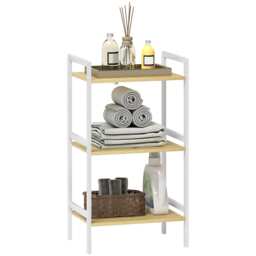HOMCOM 3-Tier Bamboo Bathroom Storage Shelf, Freestanding Shelving Unit with Adjustable Rack for Kitchen Bathroom Living Room, Natural and White