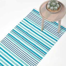 Homescapes Modern Blue Scandinavian Style Striped Cotton Runner - 66 x 200 cm Blue Aqua
