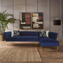 Comfortable Dark Blue Velvet 5 Seat Corner Sofa, Mid Century Sofa For Bedroom, Sturdy 5 Seater Sofa Blue Five Plus Seater