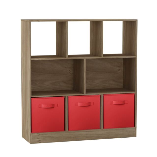 Asymmetrical 8 Oak Cube Bookcase Shelf Storage Unit with 3 Fabric Drawer Inserts Multi Oak & Red Drawer 1