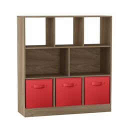 Asymmetrical 8 Oak Cube Bookcase Shelf Storage Unit with 3 Fabric Drawer Inserts Multi Oak & Red Drawer 1