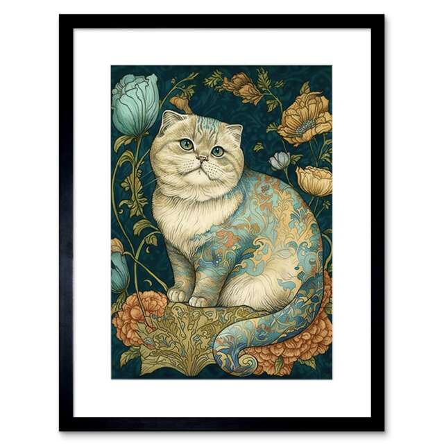 "William Morris style Cute Cat Floral Flowers 9x7"" Black Framed Wall Art Print"
