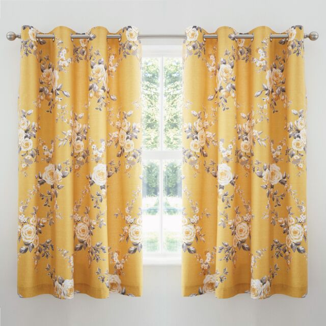 Catherine Lansfield Canterbury Floral Lined Eyelet Curtains Yellow Ochre