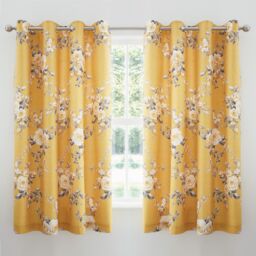 Catherine Lansfield Canterbury Floral Lined Eyelet Curtains Yellow Ochre