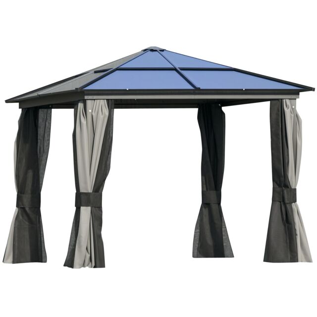 Outsunny 3x3(m) Aluminium Hardtop Gazebo Canopy w/ Polycarbonate Top, Curtains Black