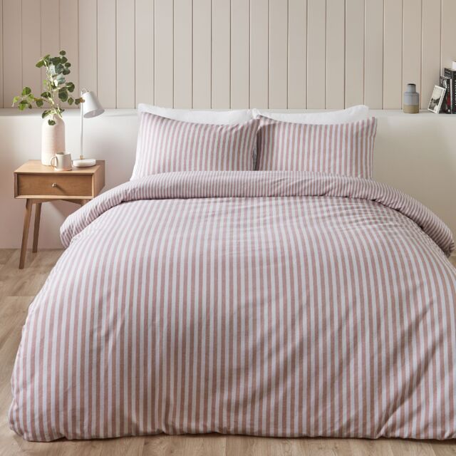 Brushed Stripe Cotton Reversible Duvet Cover Set Pink Blush Pink Super King