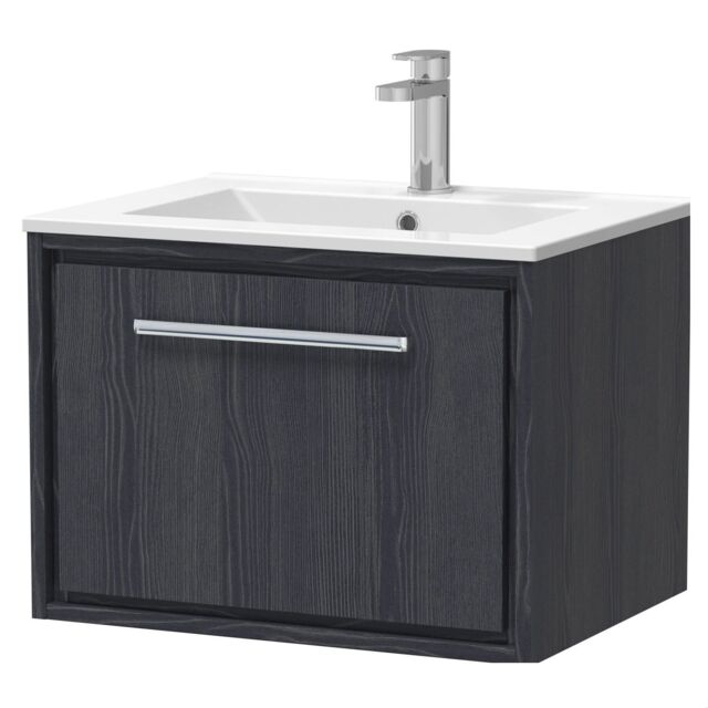 Balterley Longnor 1 Drawer Wall Hung Vanity Unit with 1 Tap Hole Minimalist Basin, Woodgrain Graphite Grey, 600mm