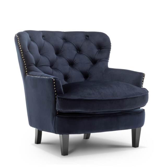 Velvet Navy Blue Buttoned Ava Accent Chair