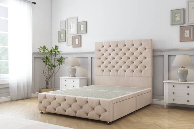 Sloomy Watson Sand Naples Divan Bed Base 2 Drawers Left Side With 26 Inch Strutted Headboard & 12 Inch Matching Footboard Cream Sand Small Double 1