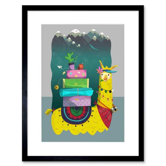 "Travelling Llama Cartoon Kids Bedroom 9x7"" Black Framed Wall Art Print"