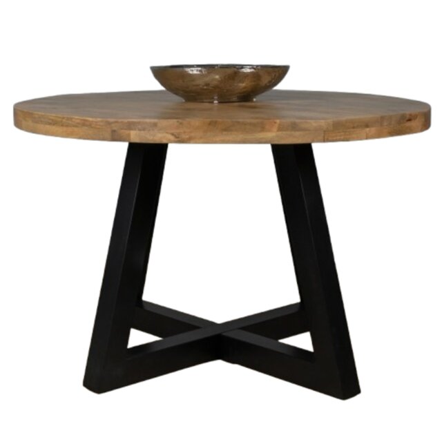 Round Industrial Kitchen Dining Table – Powder Black Steel Base – Mango Wood Top – No Veneer