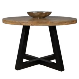 Round Industrial Kitchen Dining Table – Powder Black Steel Base – Mango Wood Top – No Veneer