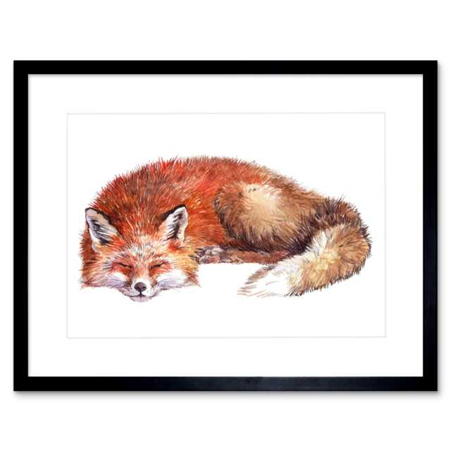 "Sleeping Red Fox Cute Animal Watercolour 9x7"" Black Framed Wall Art Print"