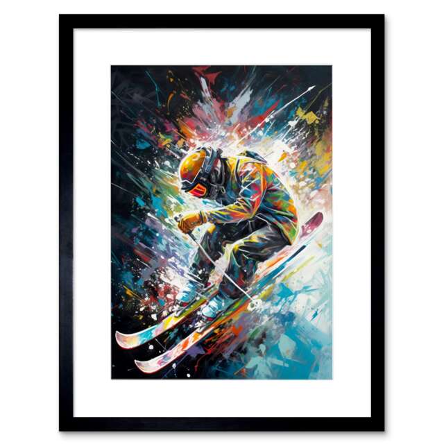 "Skier Skiing Vibrant Splatter Motion Painting 9x7"" Black Framed Wall Art Print"