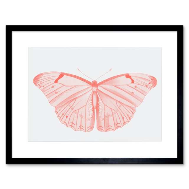 "Butterfly Insect Coral Pink Pencil 9x7"" Black Framed Wall Art Print"