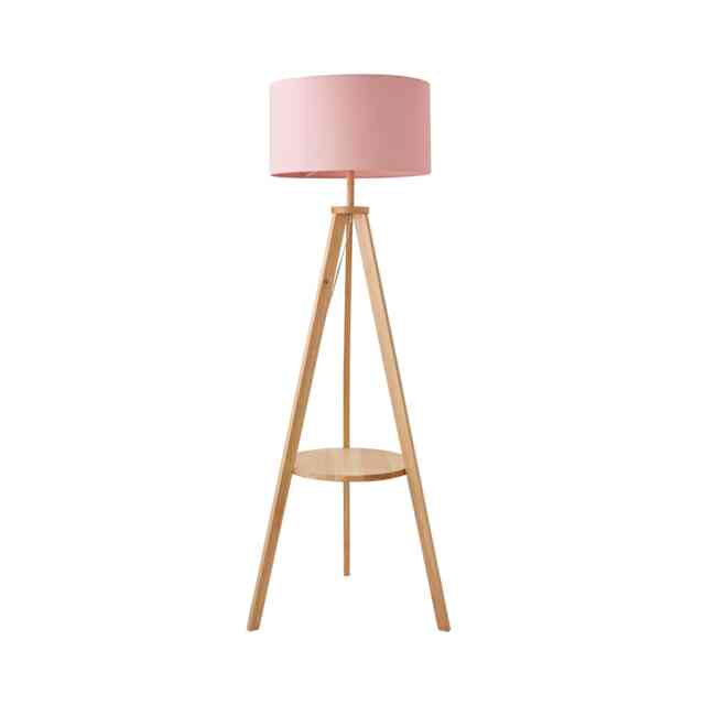 ValueLights Morrigan Blush Shade Natural Wood Tripod Floor Lamp Pink