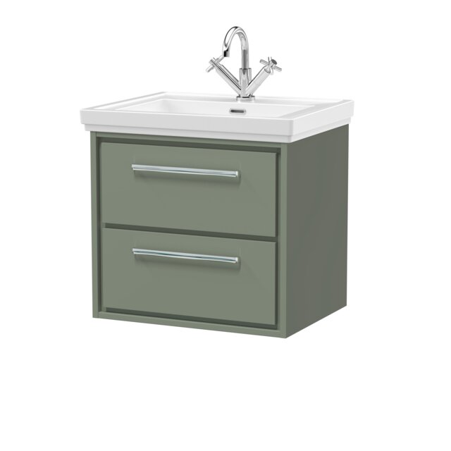 "Balterley Modern Bathroom Wall Hung 2-Drawer Vanity Unit with Fireclay Basin - ""Vanity Basin Units"", 1 Tap Hole Green Reed Green"