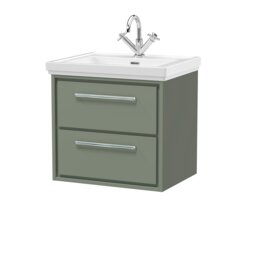 Balterley Longnor Modern Bathroom Wall Hung 2-Drawer Vanity Unit with Fireclay Basin, Fern Green, 600mm