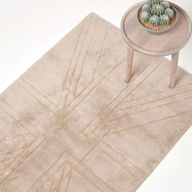 Homescapes Cotton Tufted Rug Union Jack Plain Embossed Mat Mink Beige - 50 x 80 cm Cream Mink beige 50 x 80 cm