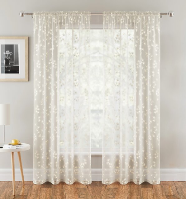 "Delila Cream Leaf Print Voile Panel - Pair 140 x 183cm (55x72"")"