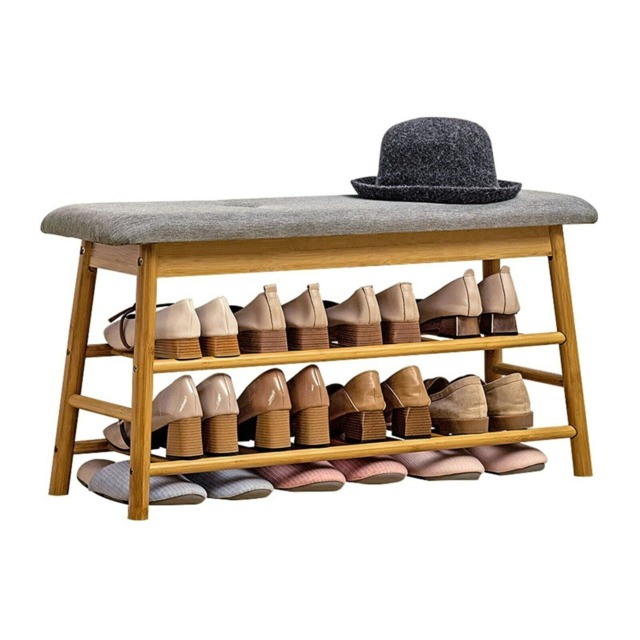 2 Tier Shoe Bench Rack With Cushioned Seat Natural Brown Brown One Size