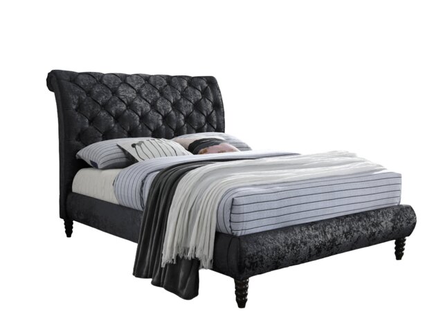 4ft6 Double Black Crushed Velvet Fabric Scroll Sleigh Chesterfield Button Back Fabric Upholstered Bed Frame Black Black Double