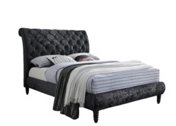 4ft6 Double Black Crushed Velvet Fabric Scroll Sleigh Chesterfield Button Back Fabric Upholstered Bed Frame Black Black Double